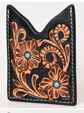 American Darling Hand Tooled Leather Card Holder Black Floral Turquoise Western